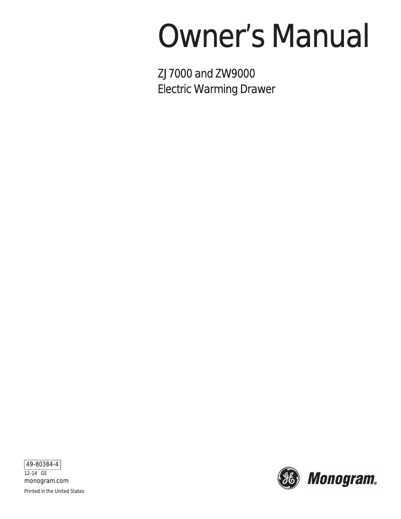 Page n°1 - Manuel utilisateur Monogram ZTW900SSN