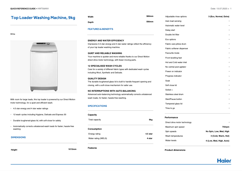 Page 1 de la notice Label énergétique Haier HWT09AN1