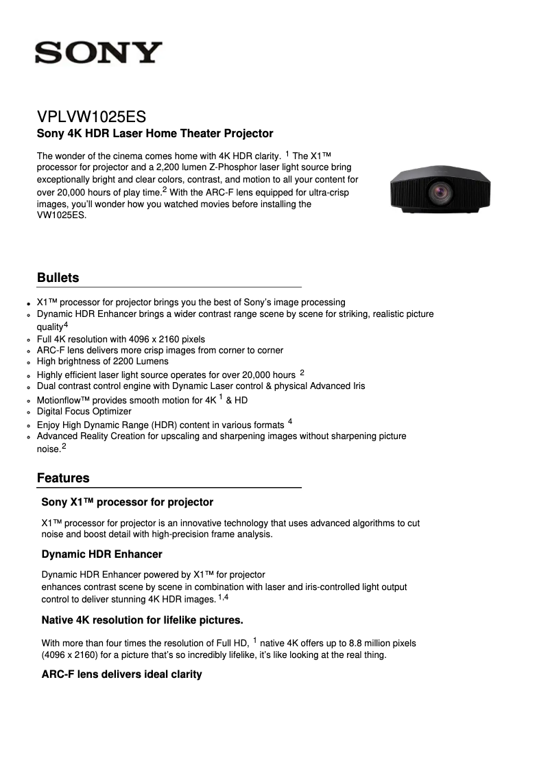 Page 1 de la notice Fiche technique Sony VPL-VW1025ES
