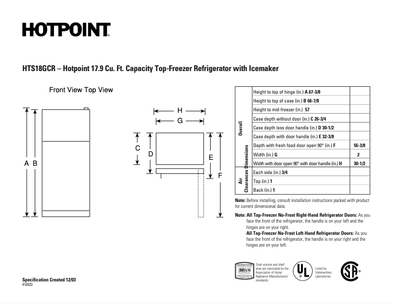 Page 1 de la notice Fiche technique Hotpoint HTS18GCRWW
