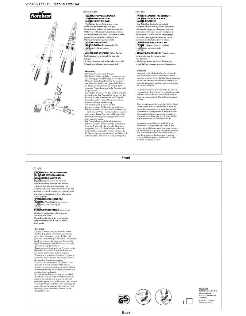 Page 1 de la notice Manuel utilisateur Florabest IAN 285708