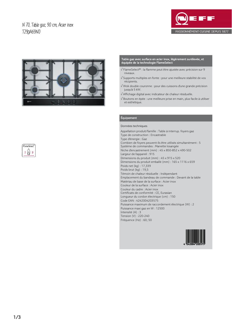 Page n°1 - Fiche technique Neff T29DA69N0