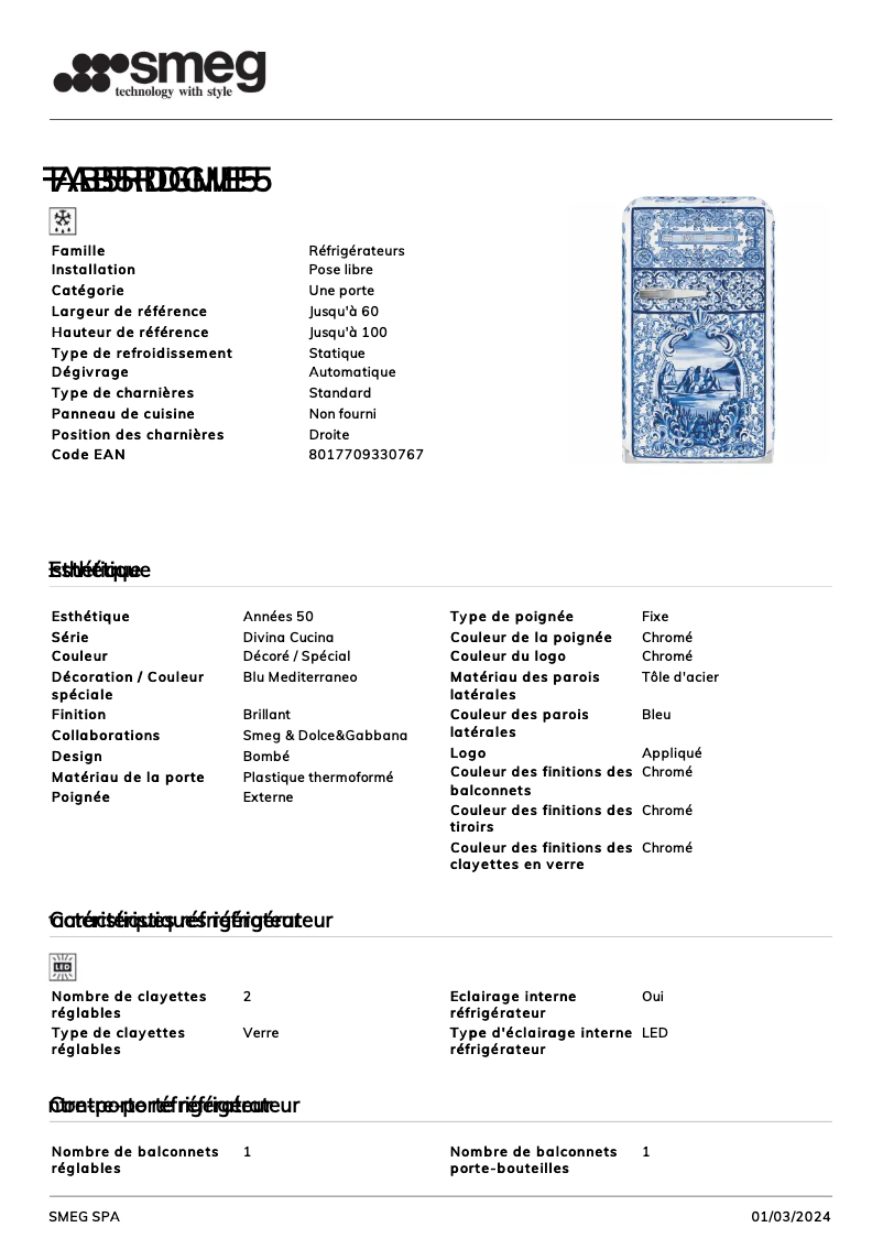 Page n°1 - Fiche technique Smeg FAB5RDG