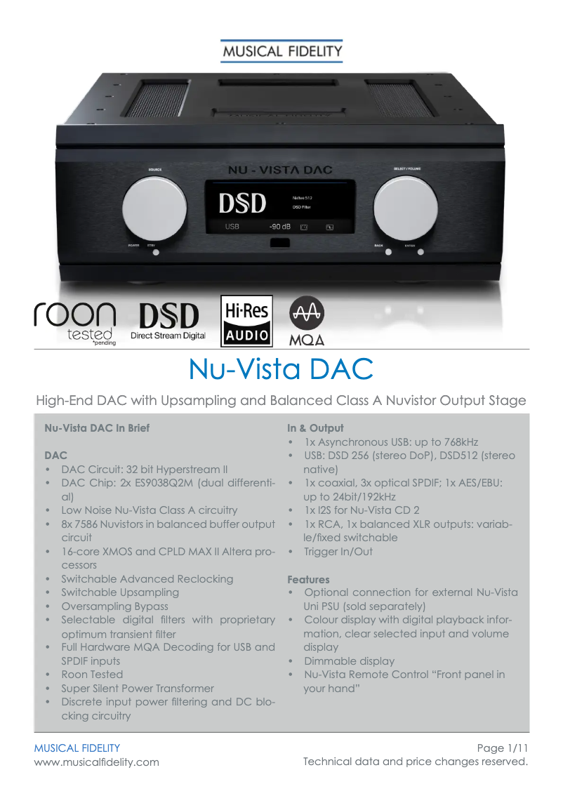 Page n°1 - Fiche technique Musical Fidelity Nu-Vista DAC
