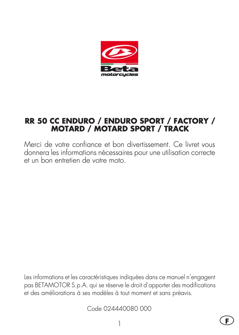 Page 1 de la notice Manuel utilisateur Beta RR 50 (2015)