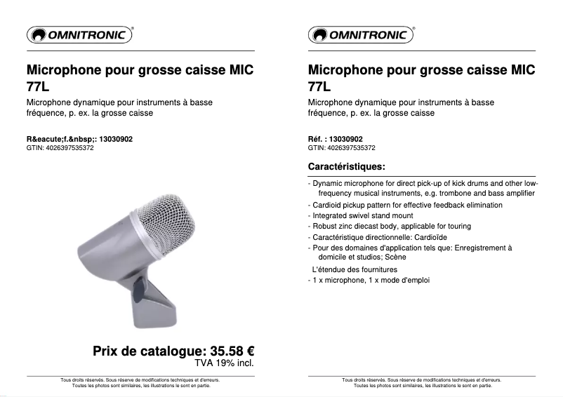 Page 1 de la notice Fiche technique Omnitronic MIC 77L