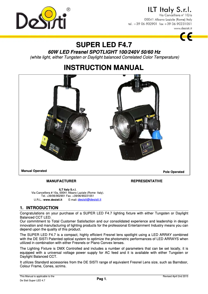Page 1 de la notice Manuel utilisateur DeSisti Super LED F4.7
