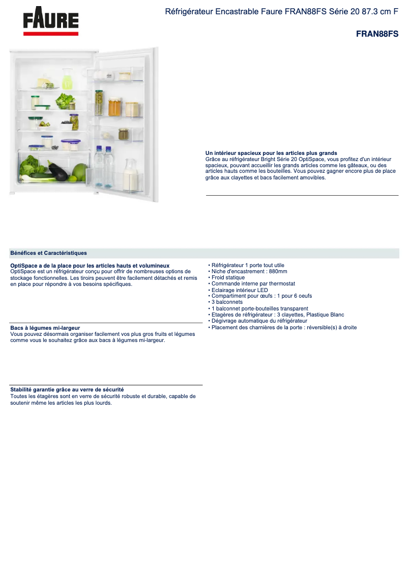 Page 1 de la notice Fiche technique Faure FRAN88FS