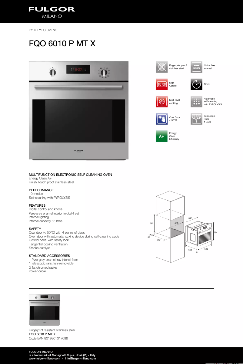 Page 1 de la notice Fiche technique Fulgor Milano FQO 6010 P MT X