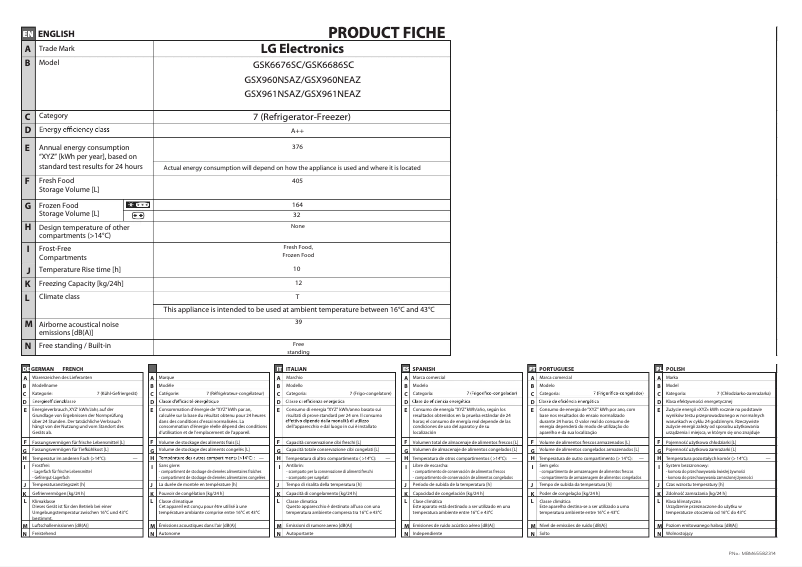 Page 1 de la notice Fiche technique LG GSX961NEAZ