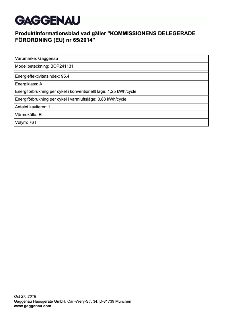 Page 1 de la notice Fiche technique Gaggenau BOP241131