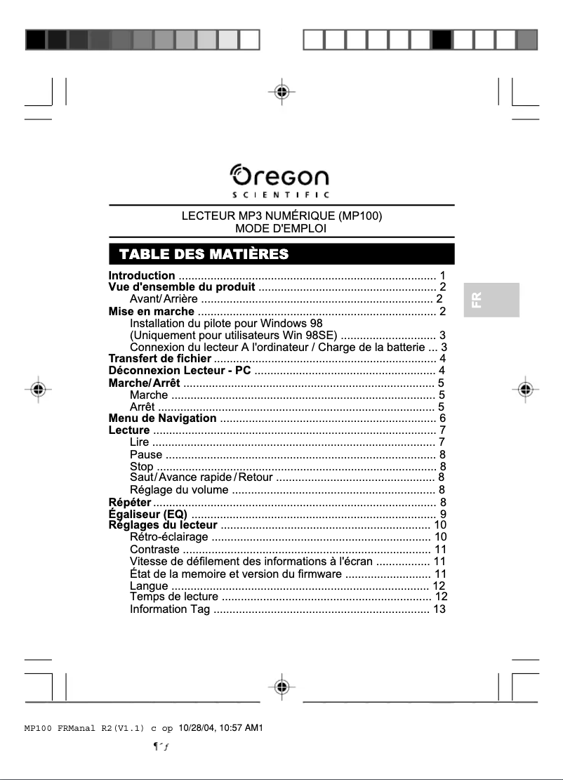 Page 1 de la notice Manuel utilisateur Oregon Scientific MP100