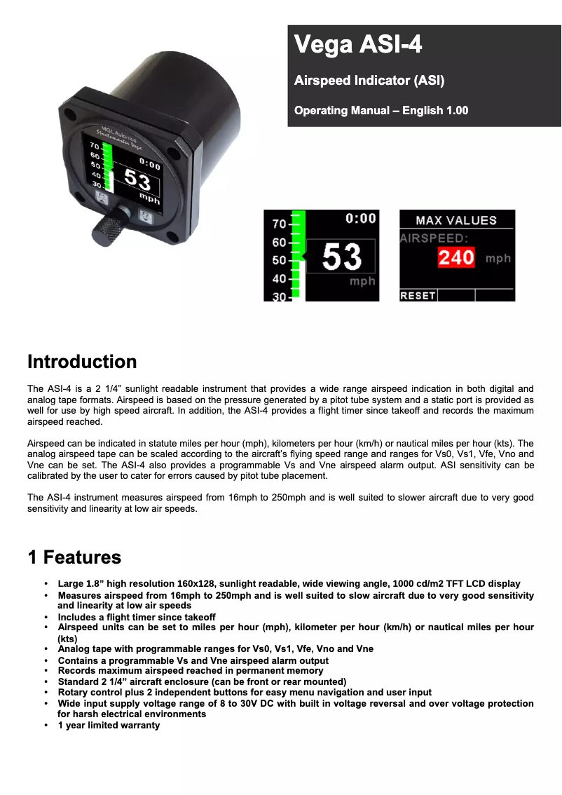 Page n°1 - Manuel utilisateur MGL Avionics Vega ASI-4