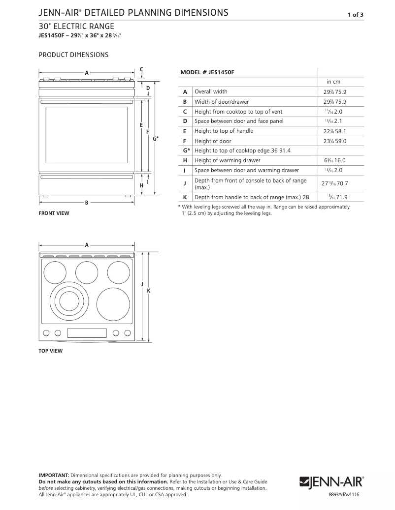 Page 1 de la notice Dessin technique JennAir JES1450FS