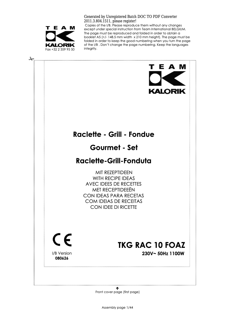 Página 1 del manual Manual de usuario Kalorik TKG RAC 10 FOAZ
