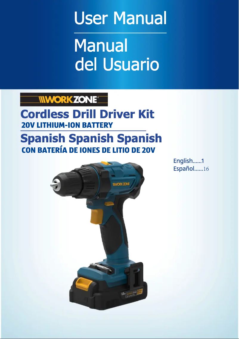 Page 1 de la notice Manuel utilisateur Workzone 20V Li-Ion Drill/Driver Kit PT160102K