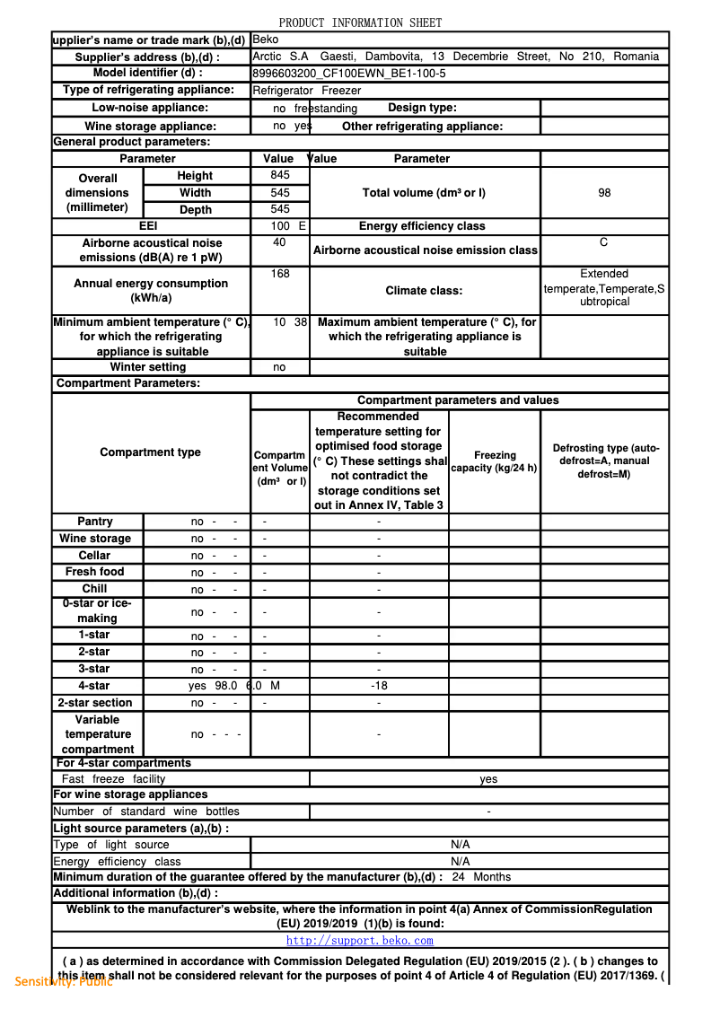 Page 1 de la notice Fiche technique Beko CF100EWN