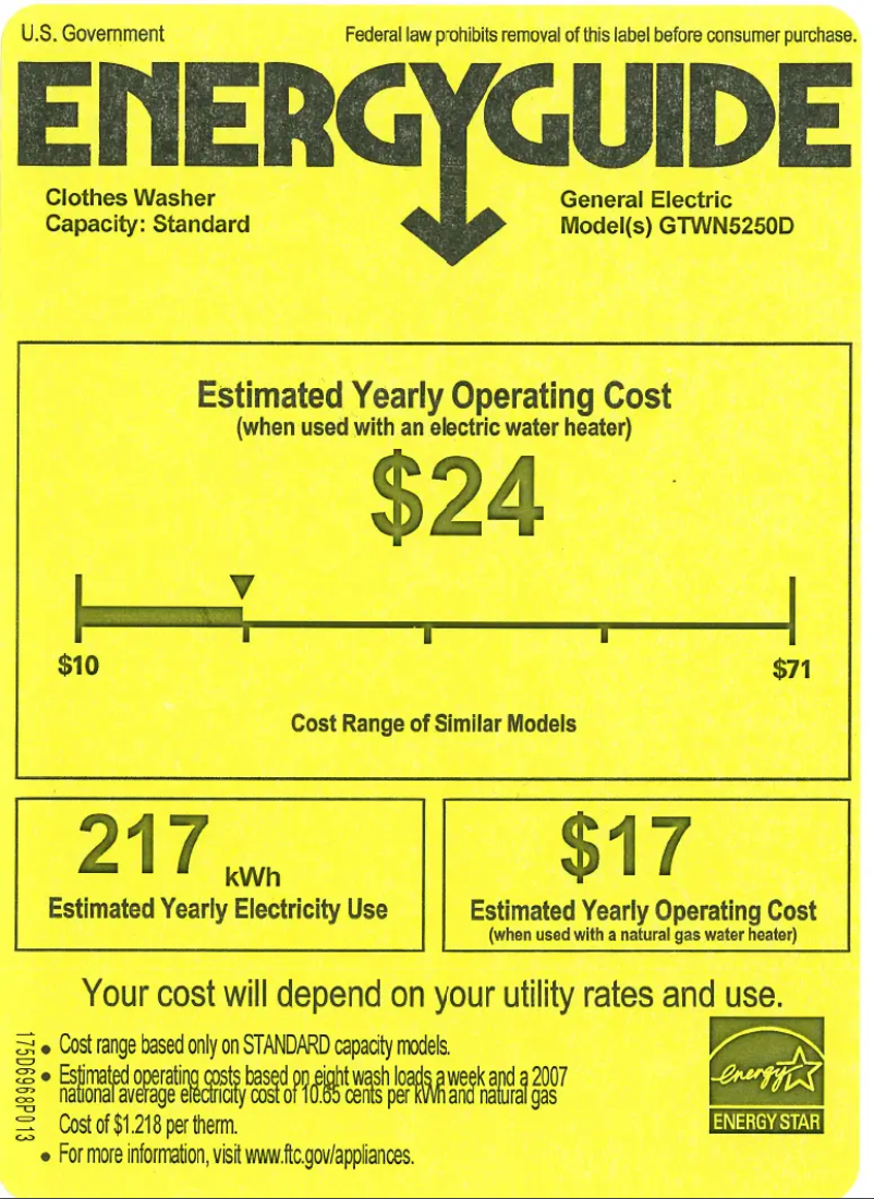 Page n°1 - Label énergétique GE GTWN5250DWW