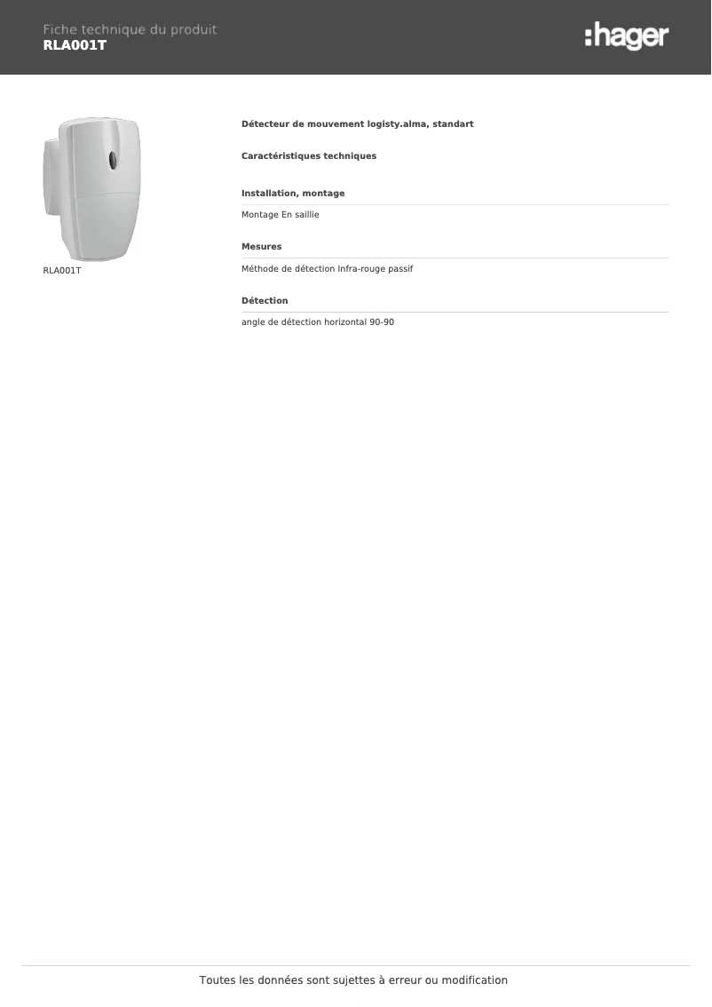 Page 1 de la notice Fiche technique Hager RLA001T
