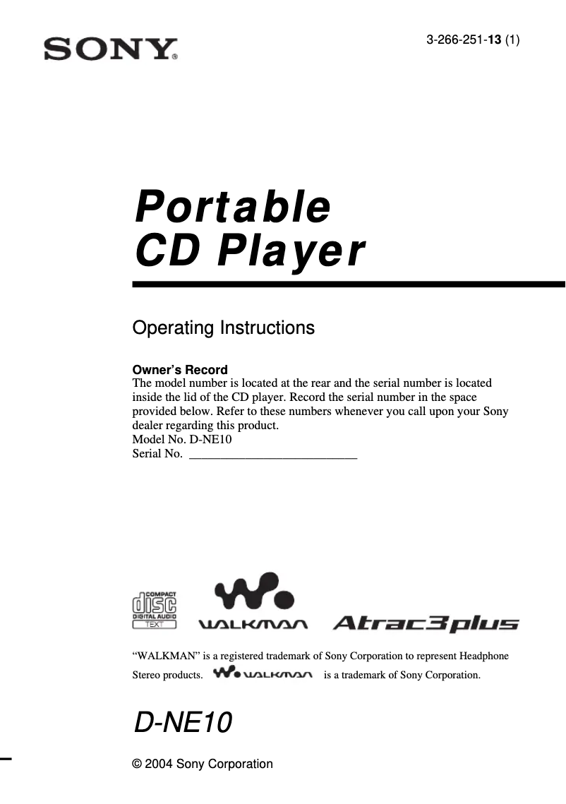 Page n°1 - Manuel utilisateur Sony Walkman D-NE10