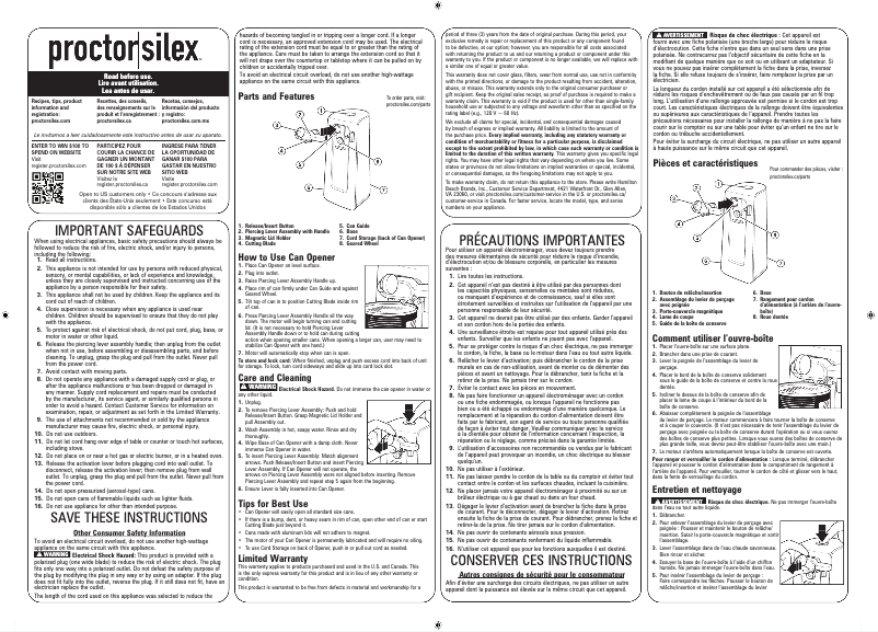 Page 1 de la notice Manuel utilisateur Proctor Silex 75225
