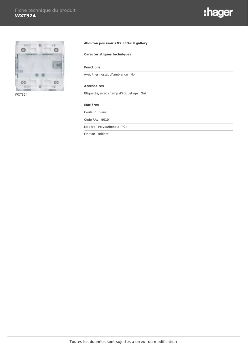 Page 1 de la notice Fiche technique Hager WXT324