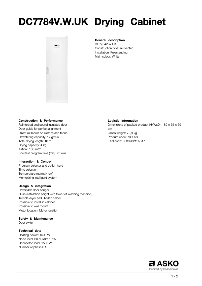 Page 1 de la notice Fiche technique Asko DC7784V.W.UK