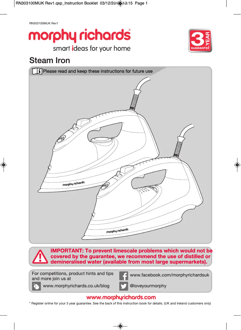 Page 1 de la notice Manuel utilisateur Morphy Richards TurboSteam Pro 303123