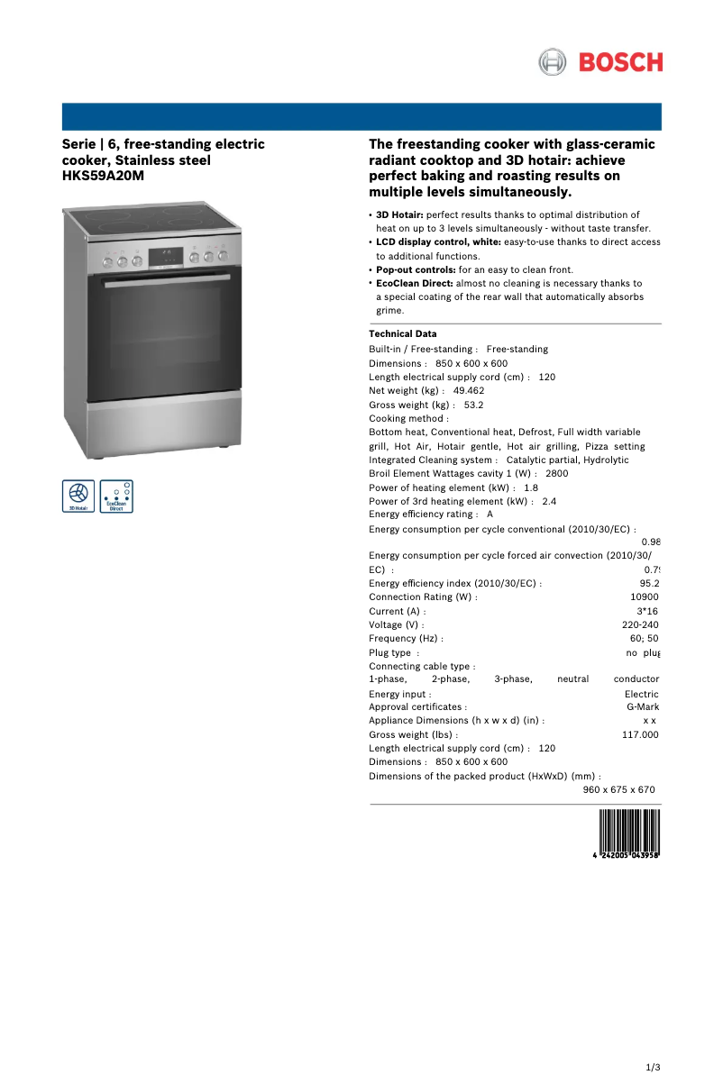 Página 1 del manual Ficha técnica Bosch HKS59A20M