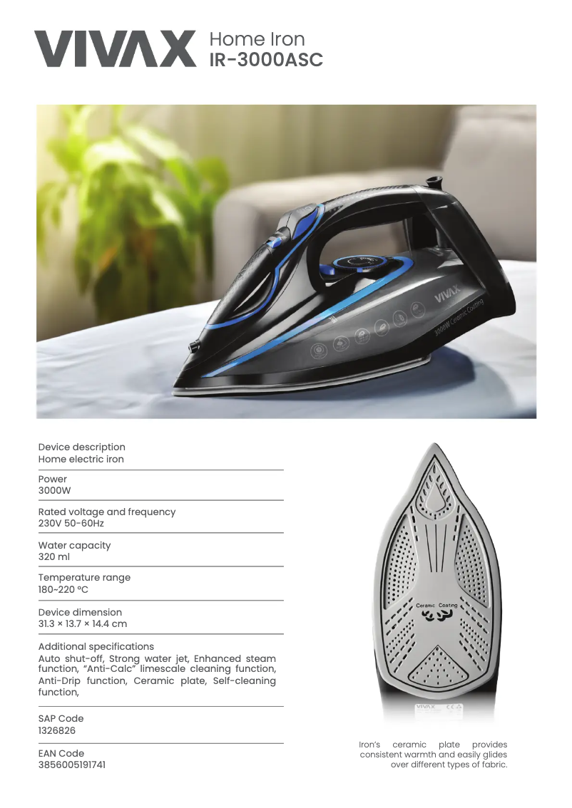 Page 1 de la notice Fiche technique Vivax IR-3000ASC