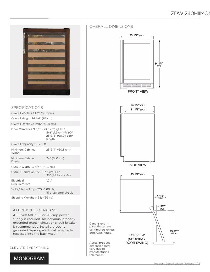 Page 1 de la notice Fiche technique Monogram ZDWI240HII