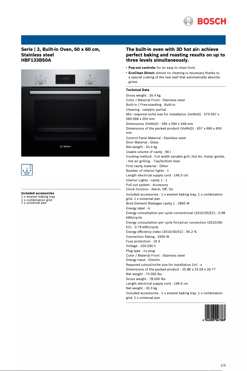Page 1 de la notice Fiche technique Bosch HBF133BS0A