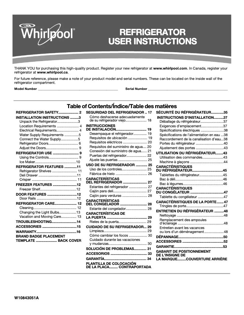 Page 1 de la notice Manuel d'utilisation et d'entretien Whirlpool WRT518SZF