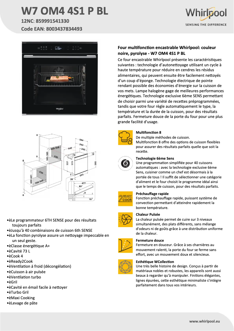 Page 1 de la notice Fiche technique Whirlpool W7 OM4 4S1 P BL
