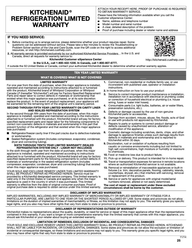 Page 1 de la notice Informations de garantie KitchenAid KRFF300EWH