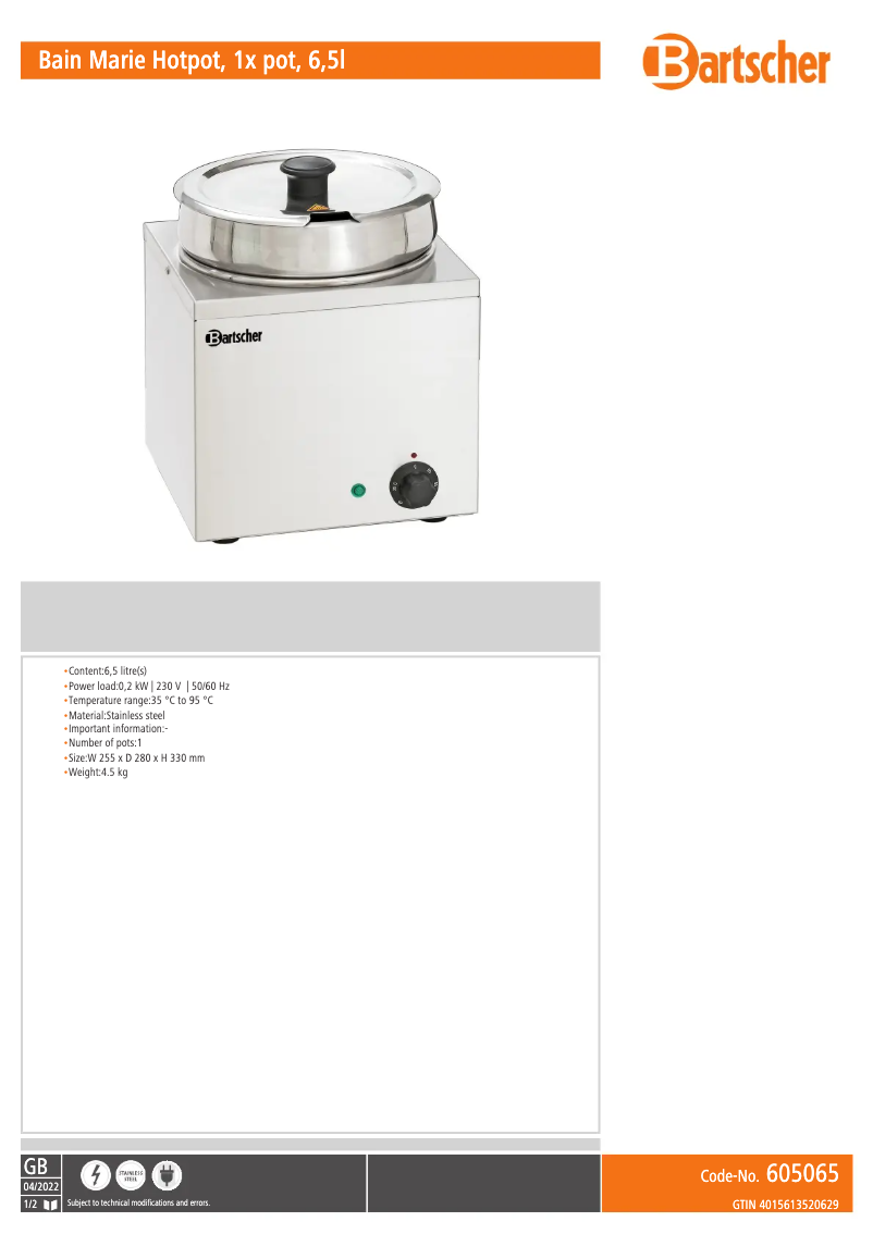 Page 1 de la notice Fiche technique Bartscher 605065