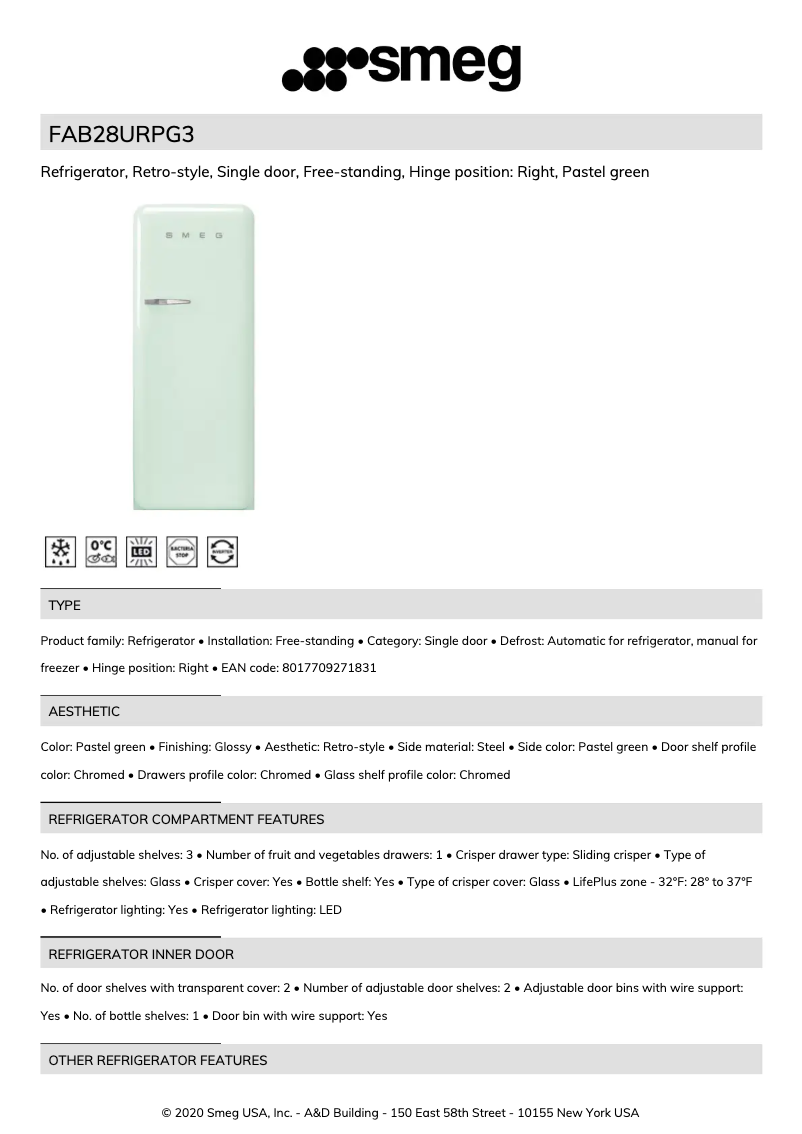 Page 1 de la notice Fiche technique Smeg FAB28URPG3