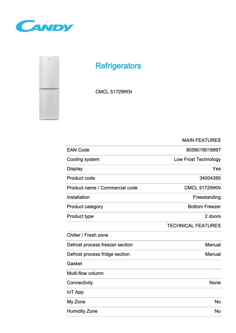 Page 1 de la notice Fiche technique Candy CMCL 5172WKN