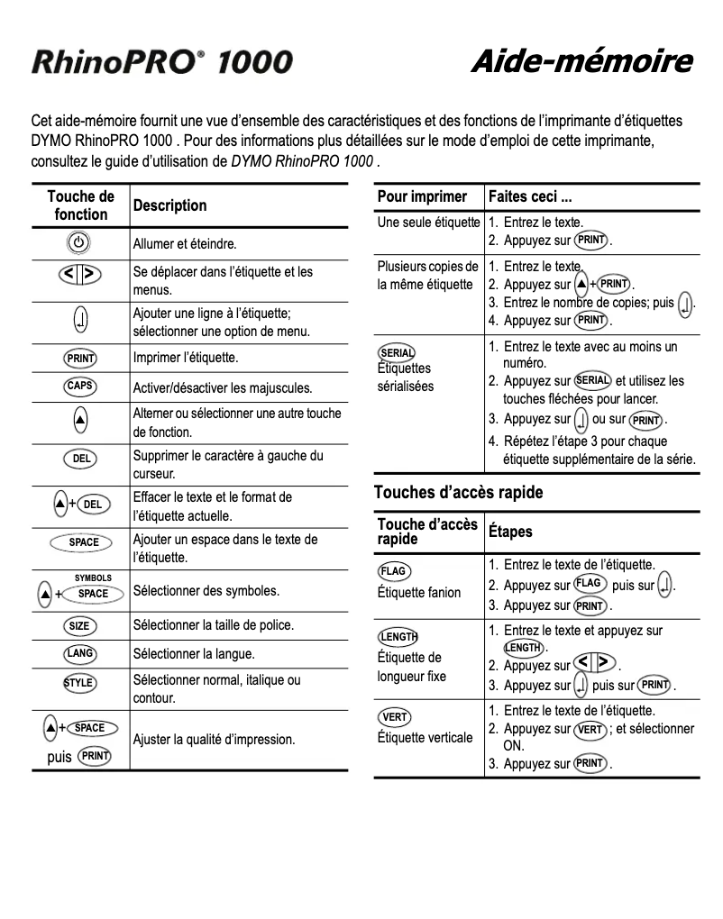 Page 1 de la notice Manuel utilisateur Dymo Rhino Pro 1000