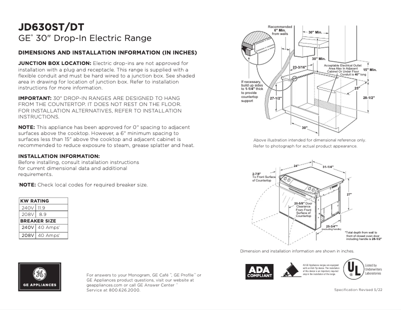 Page n°1 - Fiche technique GE JD630DTBB