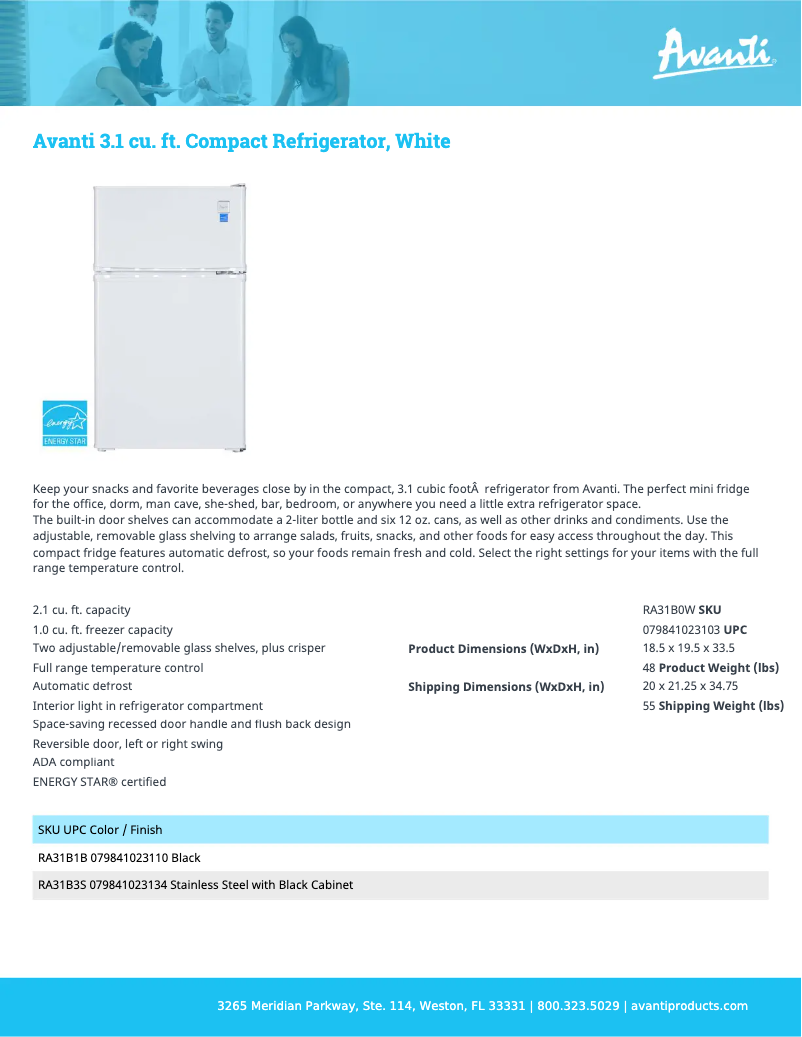 Page 1 de la notice Fiche technique Avanti RA31B0W