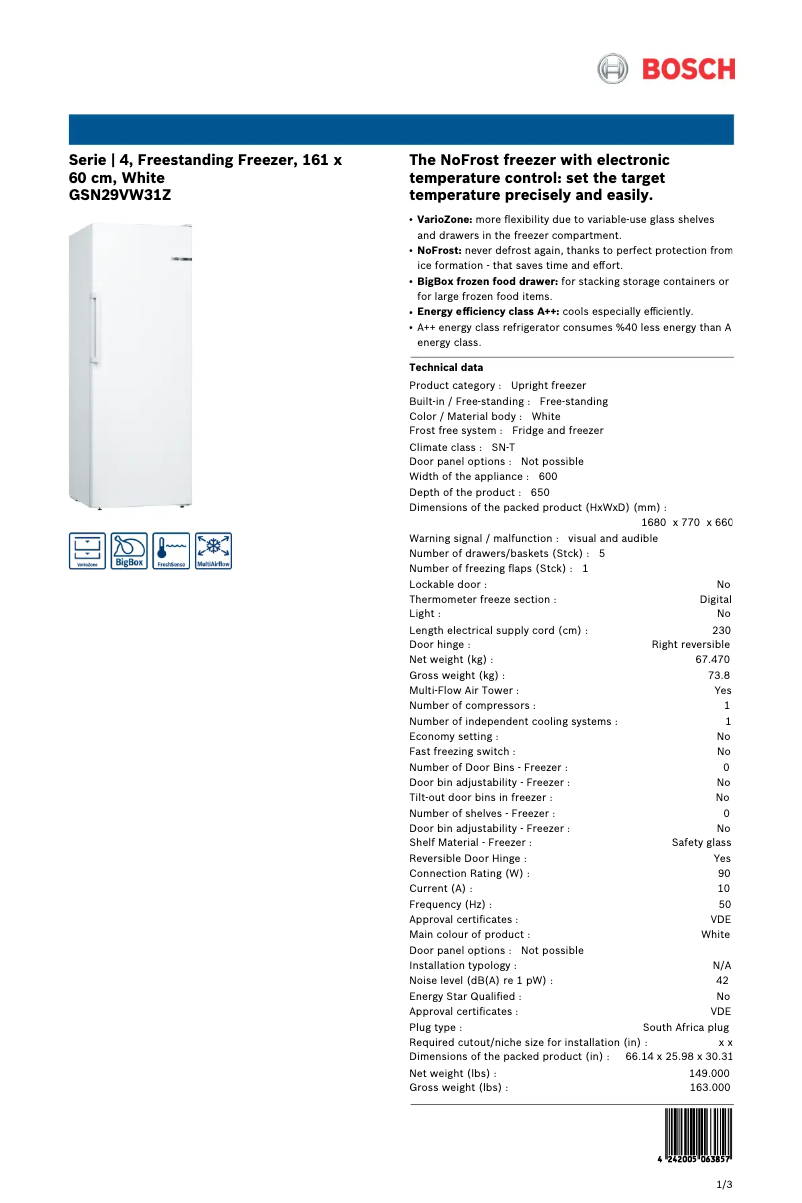 Página 1 del manual Ficha técnica Bosch GSN29VW31Z