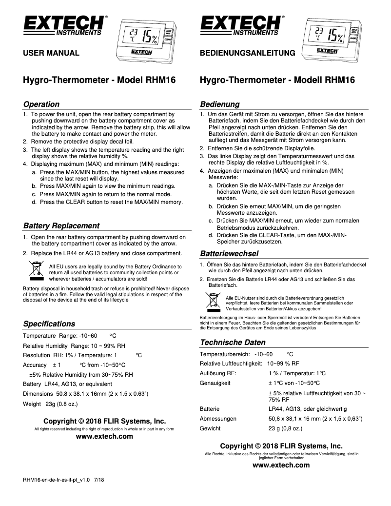 Page 1 de la notice Manuel utilisateur Extech RHM16