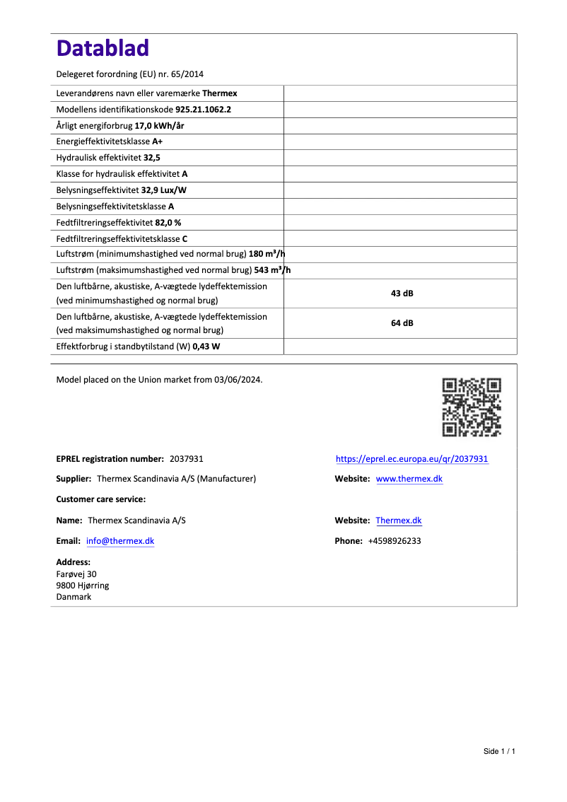 Page 1 de la notice Fiche technique Thermex TXVKHBL 60