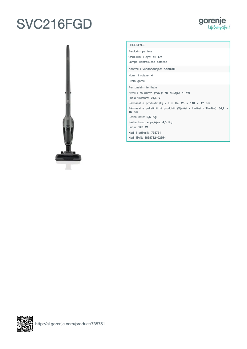 Page 1 de la notice Fiche technique Gorenje SVC216FGD