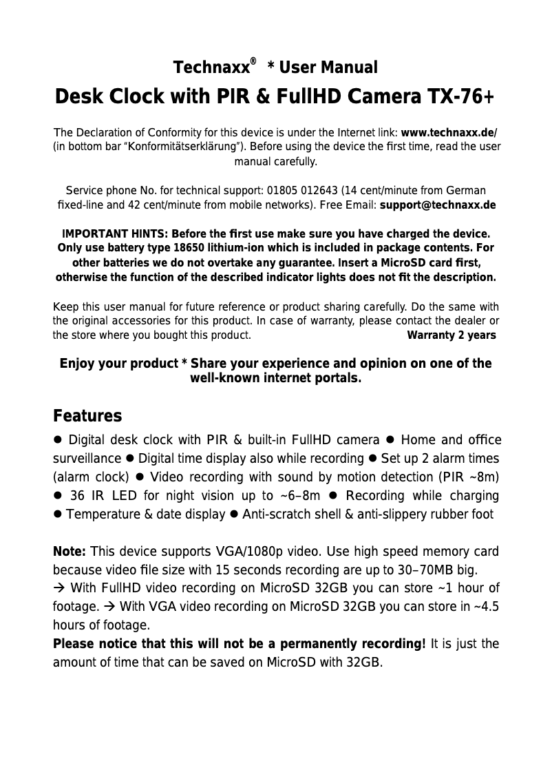 Page 1 de la notice Manuel utilisateur Technaxx TX-76+