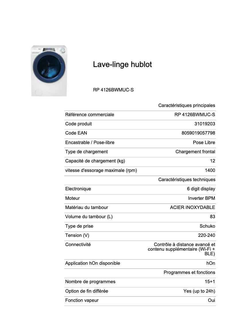 Page 1 de la notice Fiche technique Candy RP 4126BWMUC-S