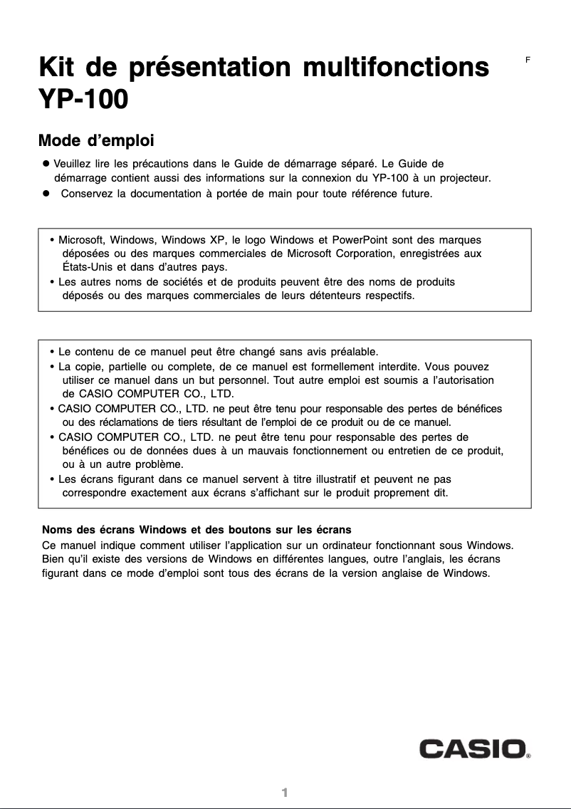 Page 1 de la notice Manuel utilisateur Casio YP-100