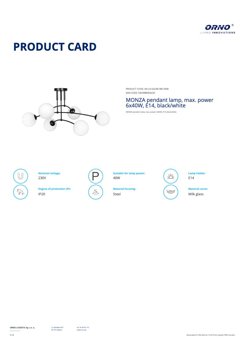 Page 1 de la notice Fiche technique Adviti AD-LD-6323B-WE14SM