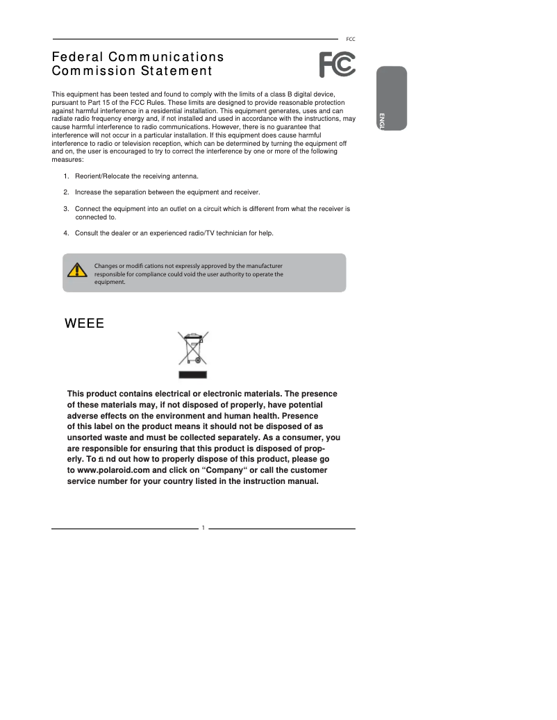 Page 1 de la notice Manuel utilisateur Polaroid FLM-3732